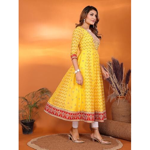 Rangita Yellow Viscose Poly Anarkali Embroidered Calf Length Kurti | Kurta For Women_2Xl