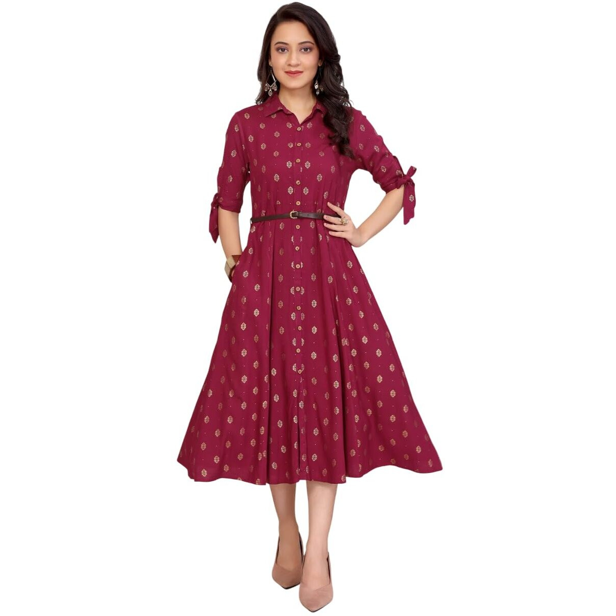 Rangita Women Maroon Rayon Printed Shirt Collar Calf Length Dress With Belt_S
