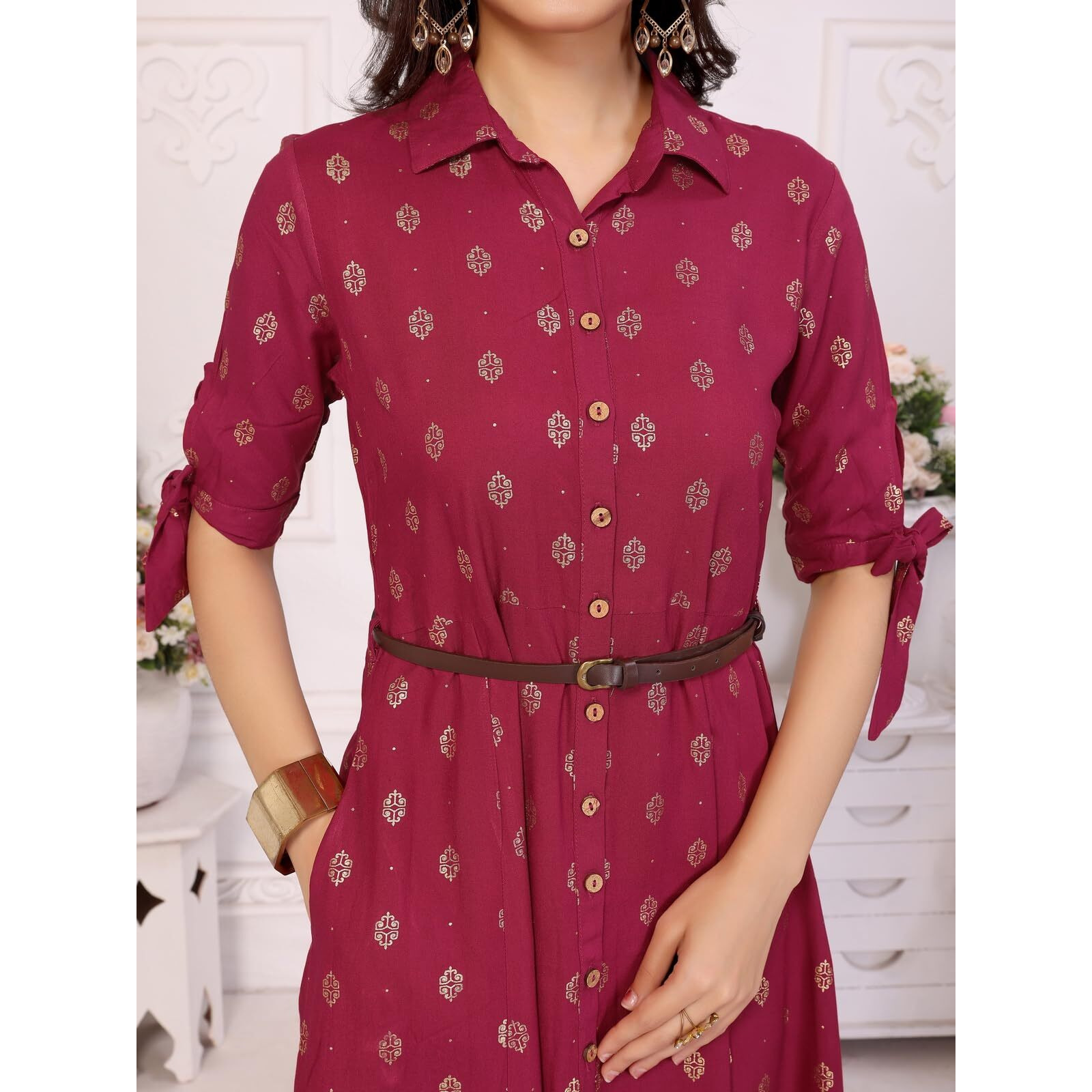 Rangita Women Maroon Rayon Printed Shirt Collar Calf Length Dress With Belt_S