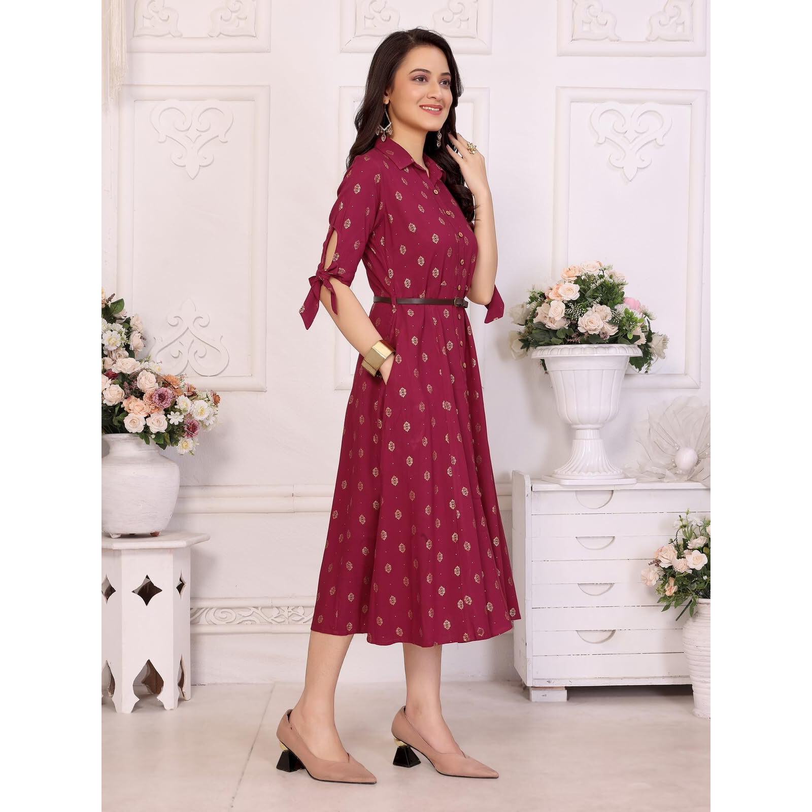 Rangita Women Maroon Rayon Printed Shirt Collar Calf Length Dress With Belt_S