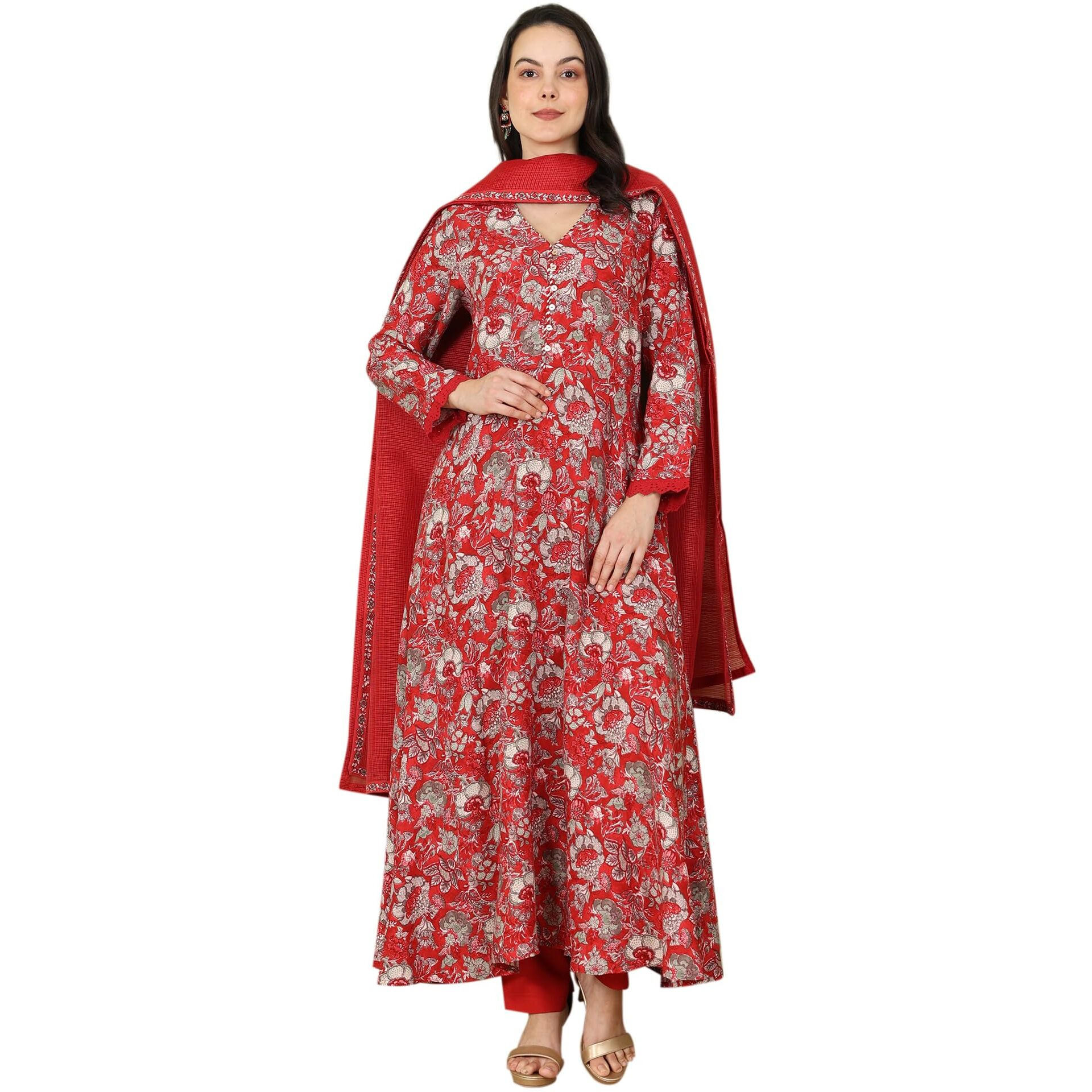 W For Woman Red Floral Printed Flared Anarkali Kurta, Straight Pants And Dupatta Set_24Auws11929-124805_L