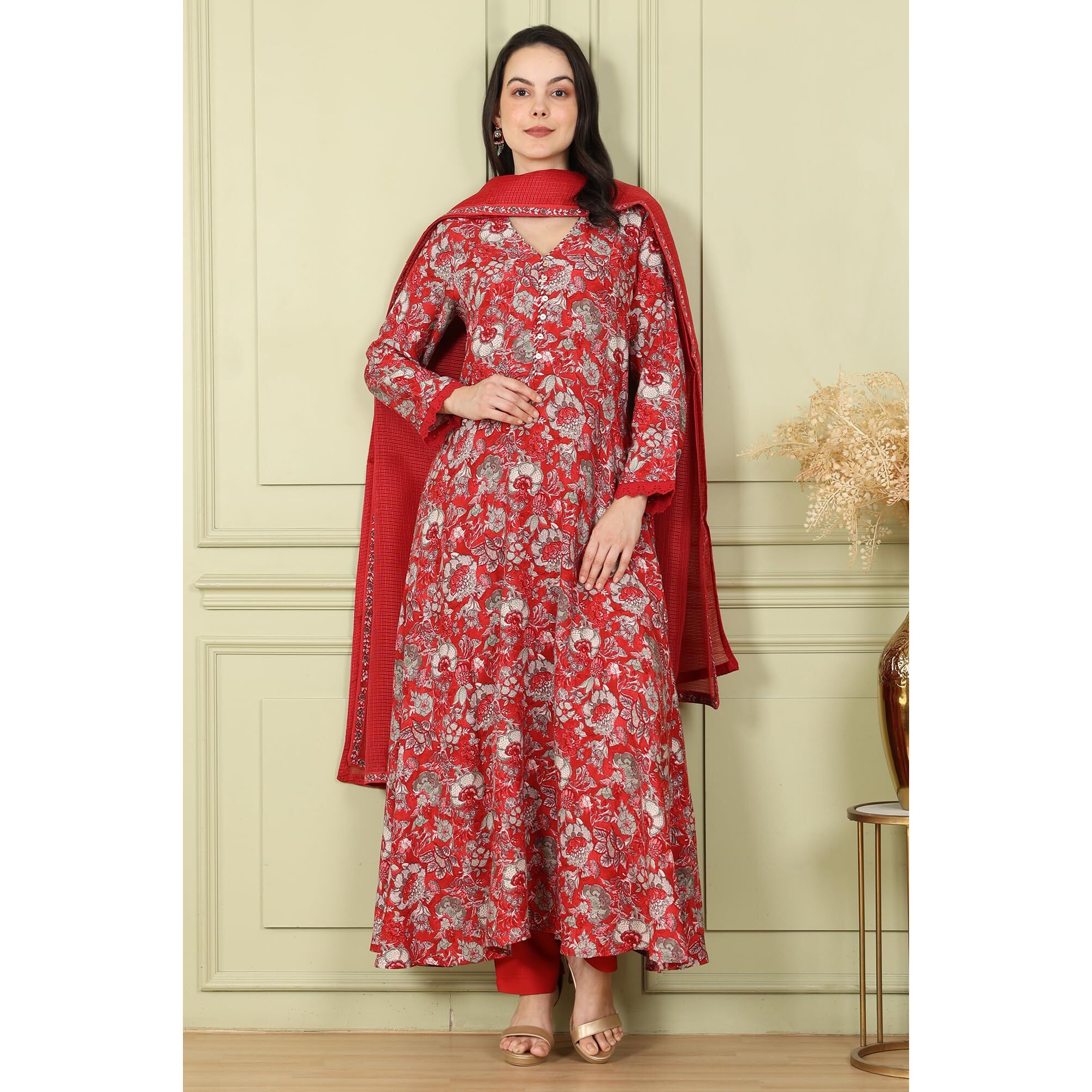 W For Woman Red Floral Printed Flared Anarkali Kurta, Straight Pants And Dupatta Set_24Auws11929-124805_2Xl