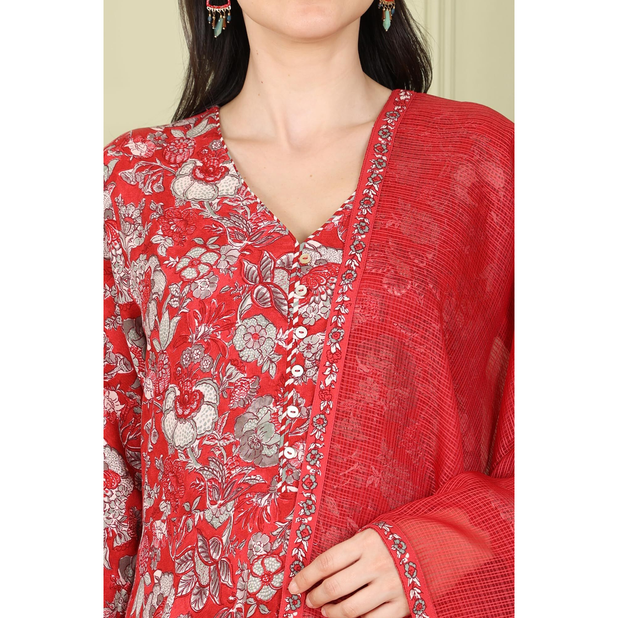 W For Woman Red Floral Printed Flared Anarkali Kurta, Straight Pants And Dupatta Set_24Auws11929-124805_Xs