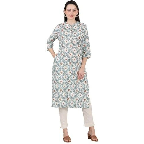 W For Woman White Mandarin Collar Pure Cotton Straight Kurta With Green & Orange Floral Print_24Auw11918-124870_S
