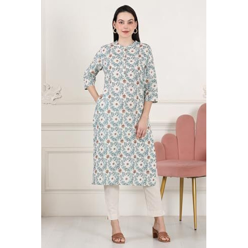 W For Woman White Mandarin Collar Pure Cotton Straight Kurta With Green & Orange Floral Print_24Auw11918-124870_S