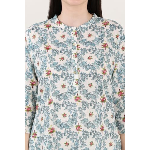 W For Woman White Mandarin Collar Pure Cotton Straight Kurta With Green & Orange Floral Print_24Auw11918-124870_S