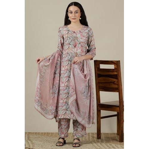 Aurelia Womens Floral Printed Straight Kurta Set With Palazzos And Dupatta For Women