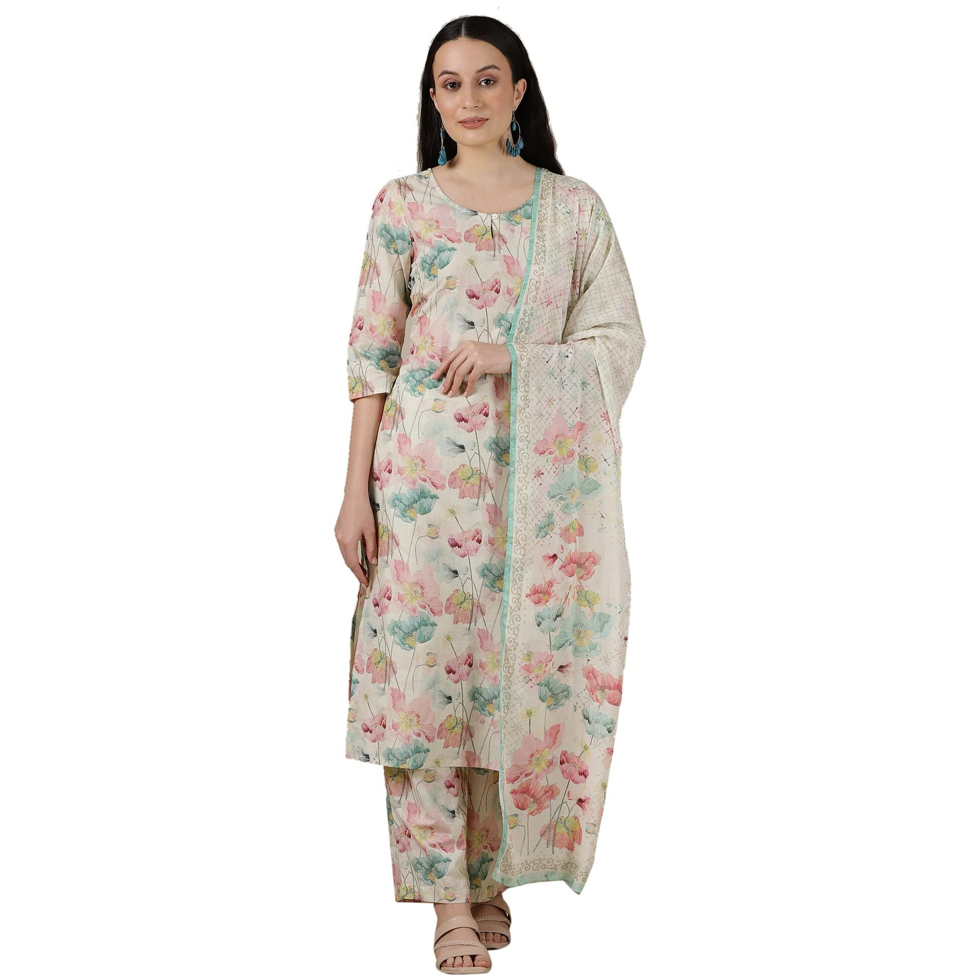 Aurelia Womens Floral Printed Straight Cotton Kurta Set With Palazzos And Dupatta For Women