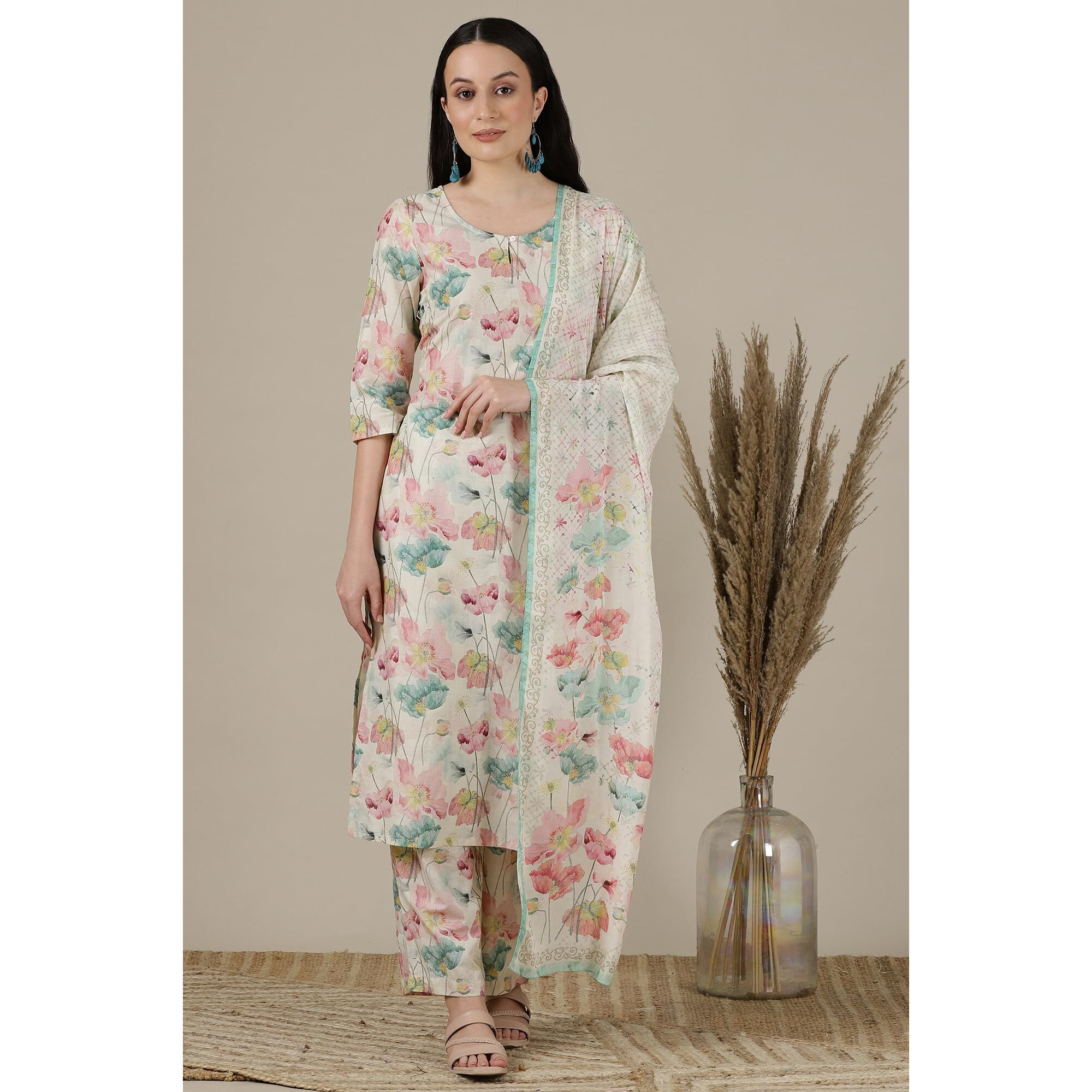 Aurelia Womens Floral Printed Straight Cotton Kurta Set With Palazzos And Dupatta For Women
