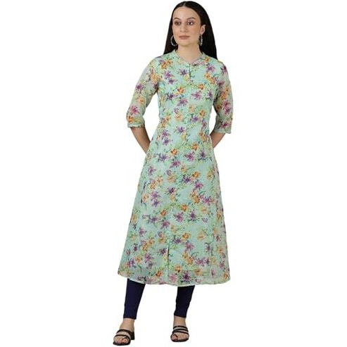 Aurelia Womens Floral Printed A-Line Kurta | Band Collar Kurta For Women | Printed Kurta For Women | Beautiful Regular Fit Kurta For Women Green