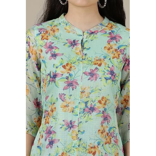 Aurelia Womens Floral Printed A-Line Kurta | Band Collar Kurta For Women | Printed Kurta For Women | Beautiful Regular Fit Kurta For Women Green