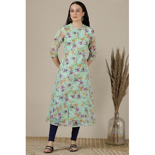 Aurelia Womens Floral Printed A-Line Kurta | Band Collar Kurta For Women | Printed Kurta For Women | Beautiful Regular Fit Kurta For Women Green
