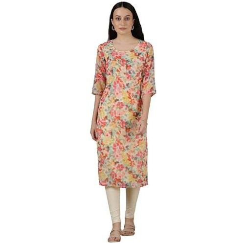 Aurelia Womens Floral Printed Straight Kurta | Round Neck Kurta For Women | Printed Kurta For Women | Beautiful Regular Fit Kurta For Women Multicolour