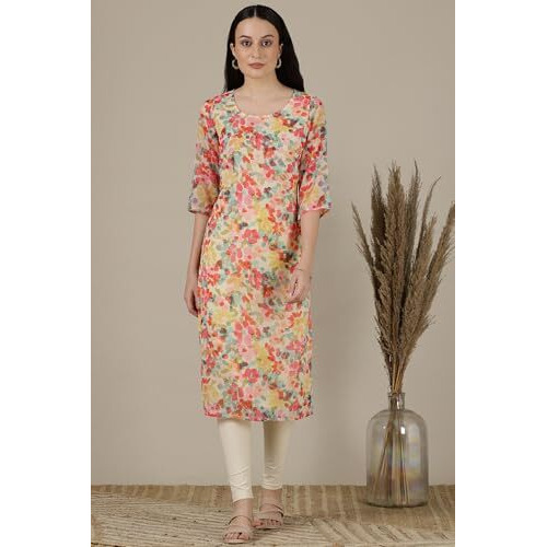 Aurelia Womens Floral Printed Straight Kurta | Round Neck Kurta For Women | Printed Kurta For Women | Beautiful Regular Fit Kurta For Women Multicolour