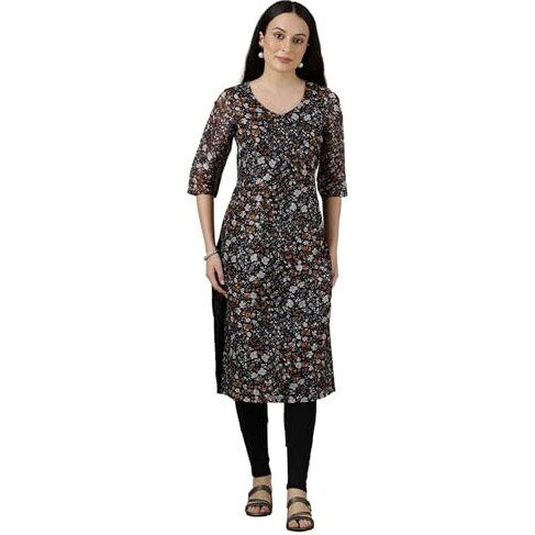 Aurelia Womens Floral Printed Straight Kurta | V-Neck Kurta For Women | Printed Kurta For Women | Beautiful Regular Fit Kurta For Women Black
