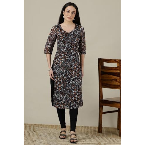 Aurelia Womens Floral Printed Straight Kurta | V-Neck Kurta For Women | Printed Kurta For Women | Beautiful Regular Fit Kurta For Women Black