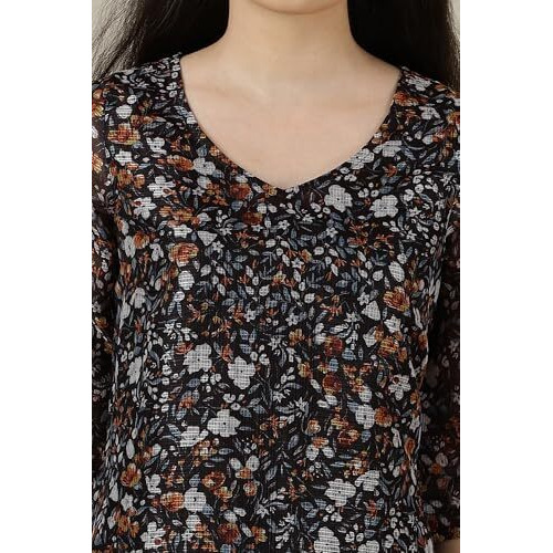 Aurelia Womens Floral Printed Straight Kurta | V-Neck Kurta For Women | Printed Kurta For Women | Beautiful Regular Fit Kurta For Women Black