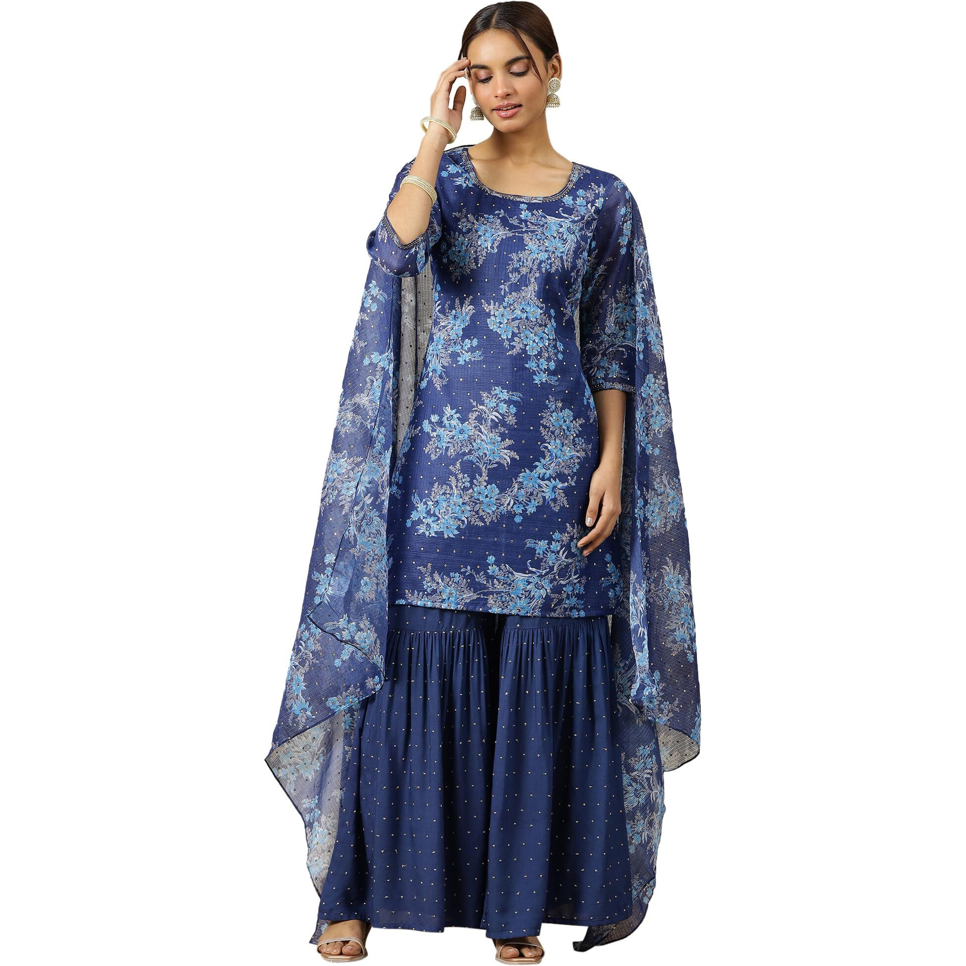 Aurelia Womens Floral Printed Straight Kurta Set With Sharara And Dupatta For Women