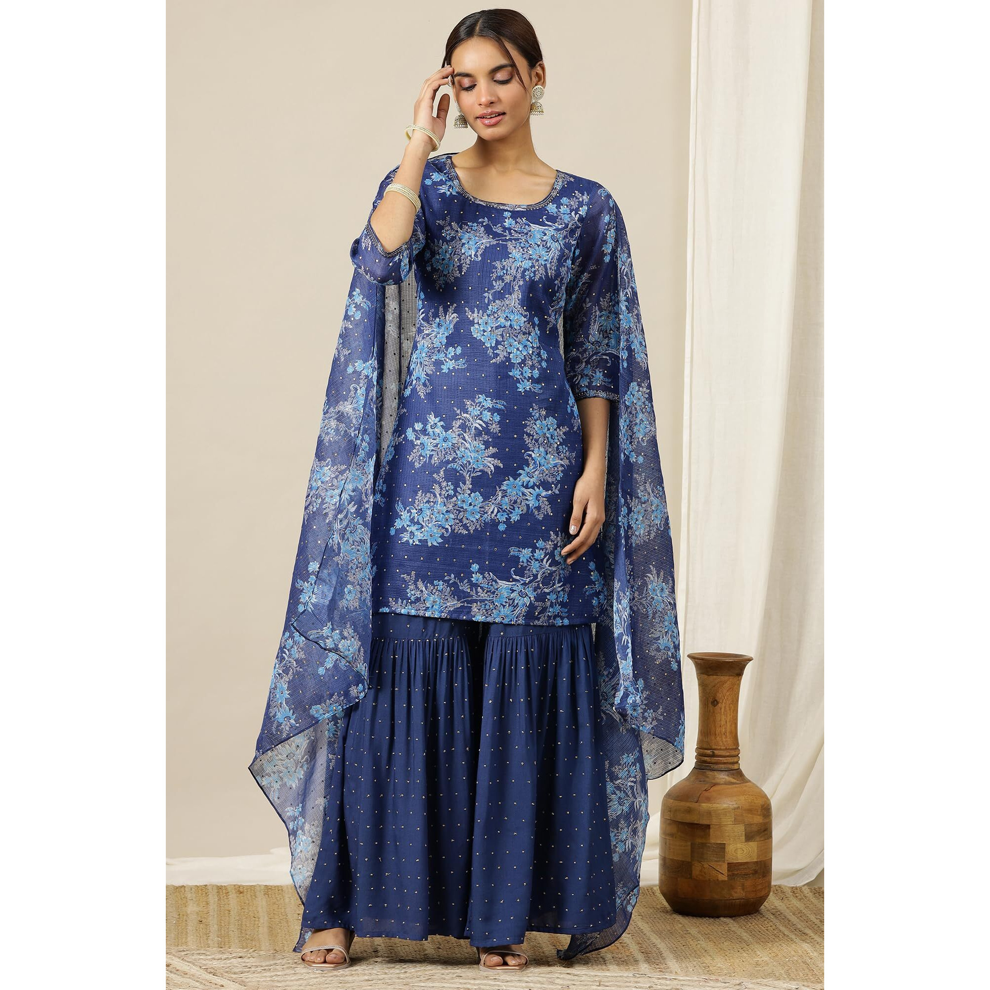 Aurelia Womens Floral Printed Straight Kurta Set With Sharara And Dupatta For Women