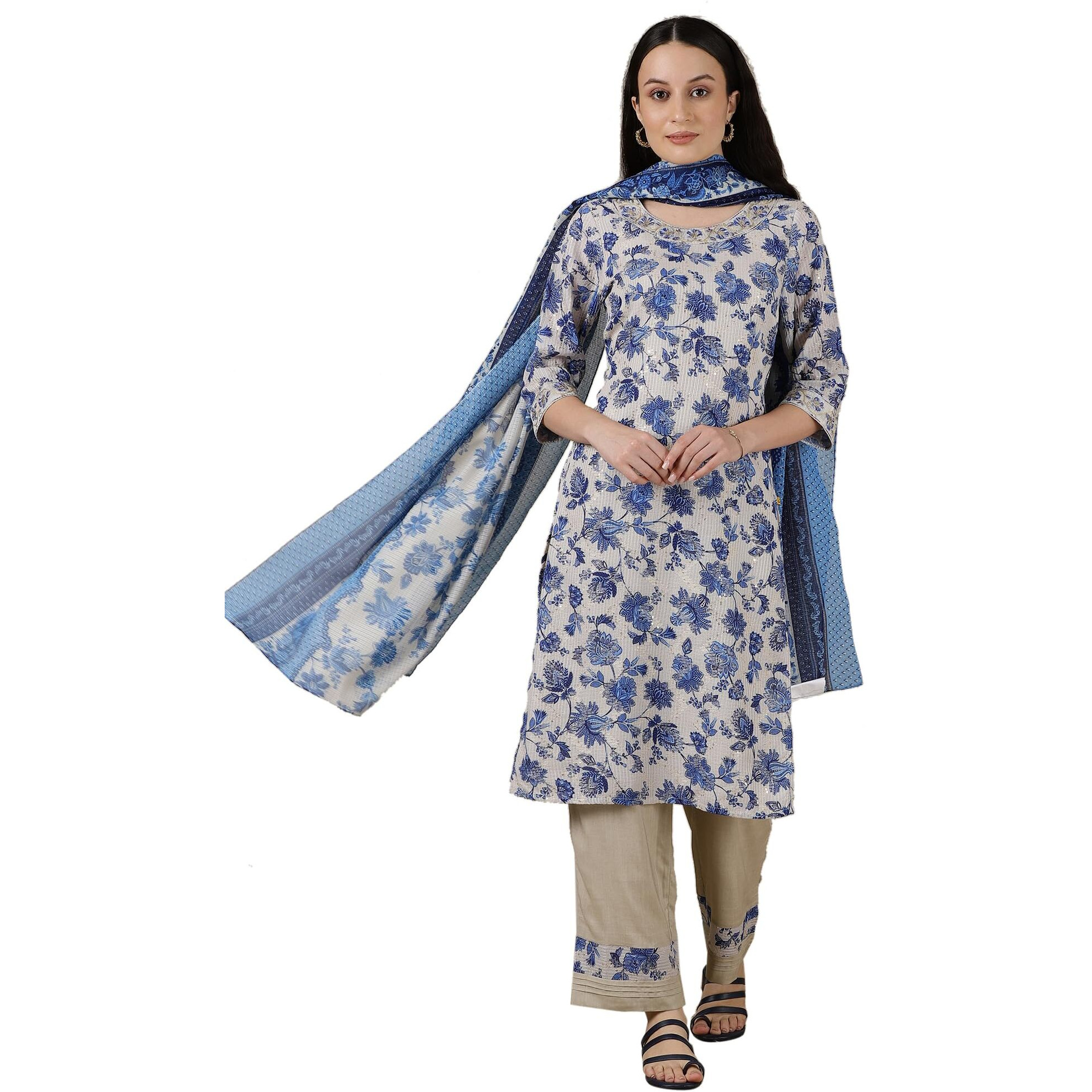 Aurelia Womens Floral Printed Straight Kurta Set With Palazzos And Dupatta For Women