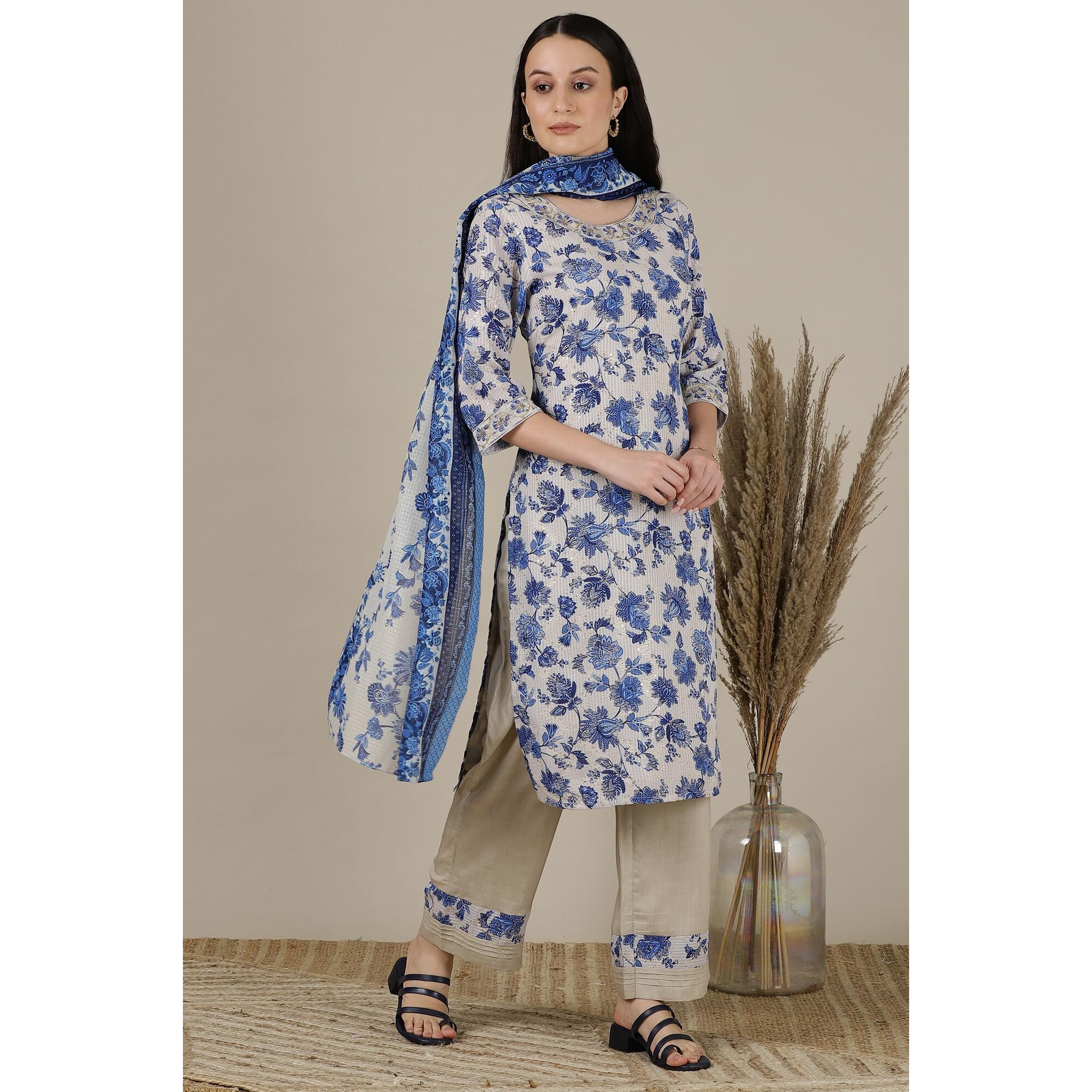 Aurelia Womens Floral Printed Straight Kurta Set With Palazzos And Dupatta For Women