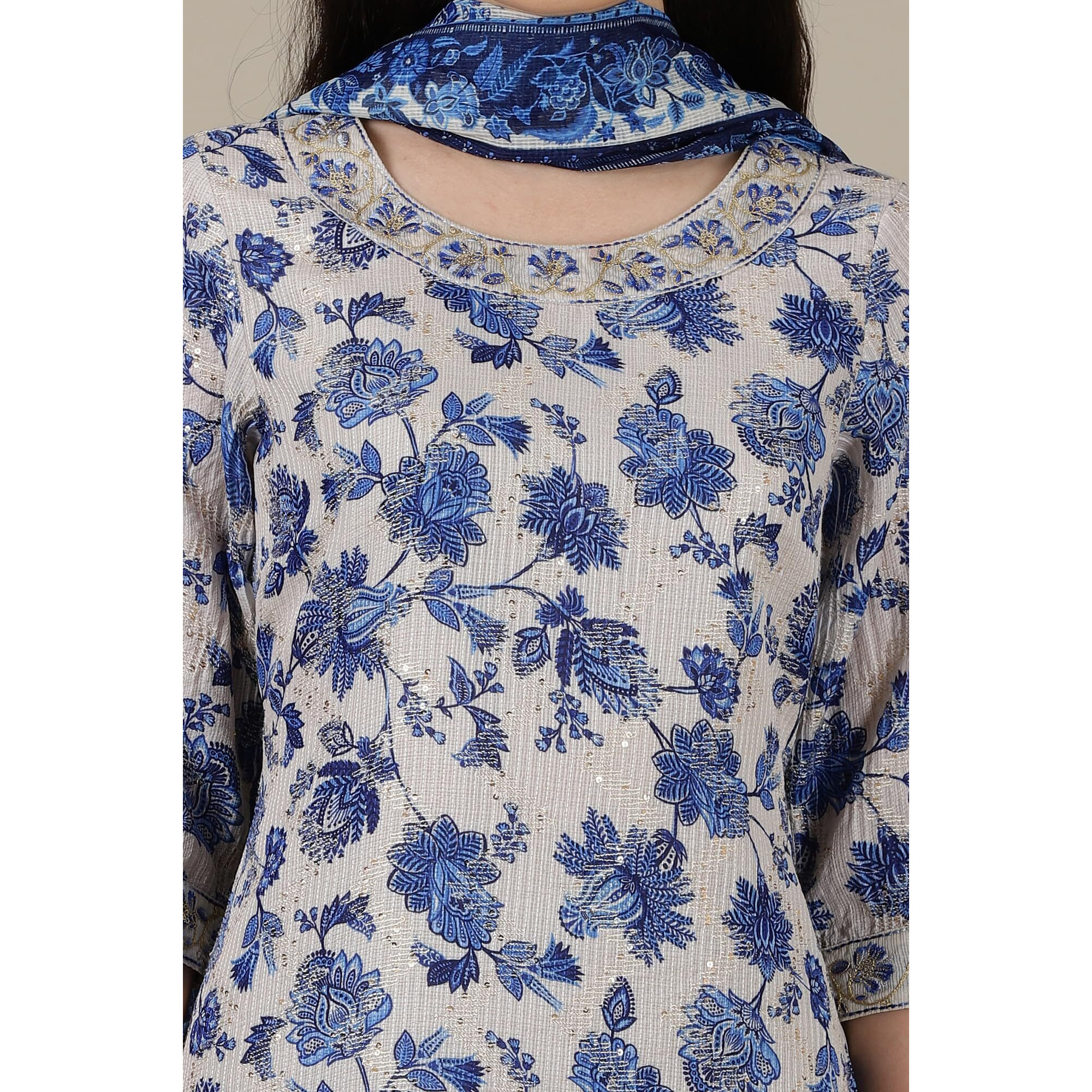 Aurelia Womens Floral Printed Straight Kurta Set With Palazzos And Dupatta For Women