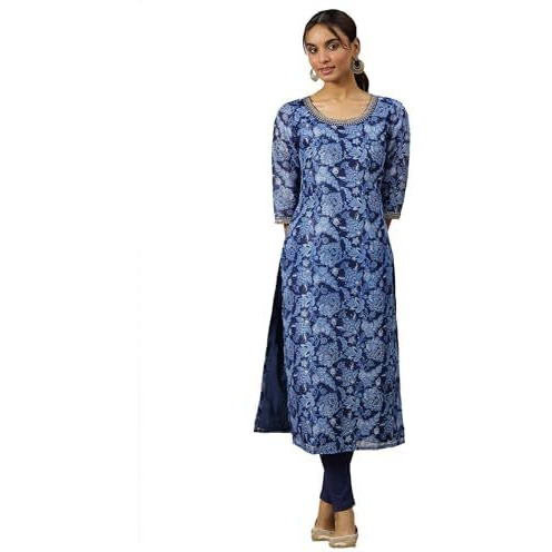Aurelia Womens Floral Printed Straight Kurta | Lightweight Round Neck Kurta For Women | Printed Kurta For Women | Beautiful Regular Fit Kurta For Women Blue