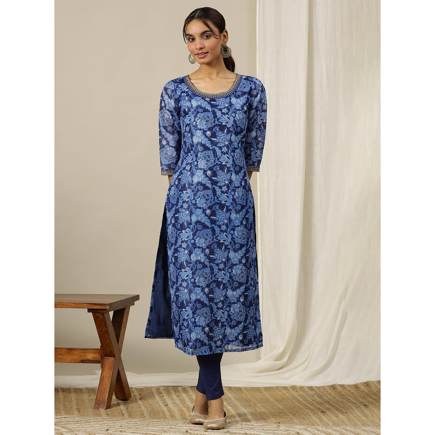 Aurelia Womens Floral Printed Straight Kurta | Lightweight Round Neck Kurta For Women | Printed Kurta For Women | Beautiful Regular Fit Kurta For Women Blue
