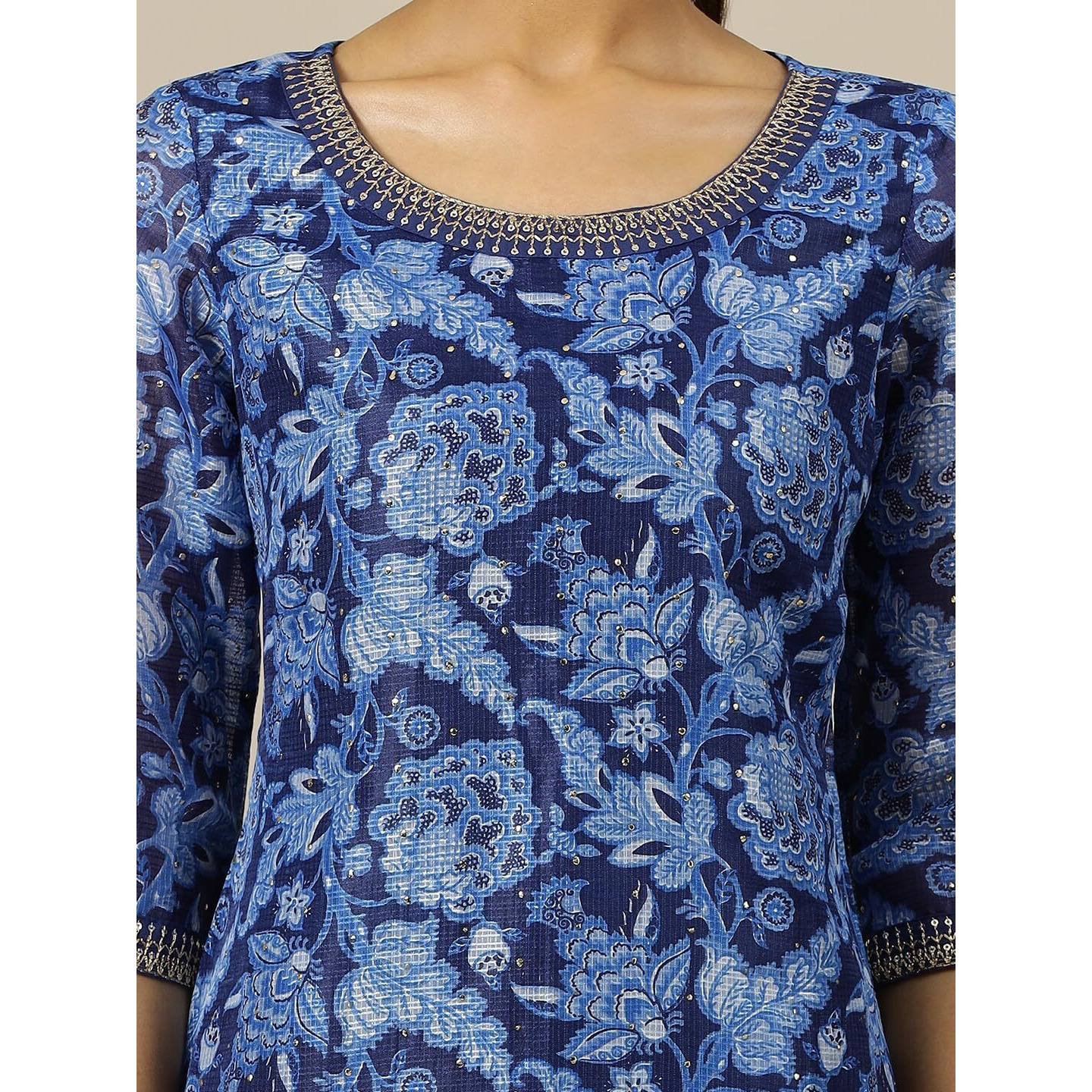 Aurelia Womens Floral Printed Straight Kurta | Lightweight Round Neck Kurta For Women | Printed Kurta For Women | Beautiful Regular Fit Kurta For Women Blue
