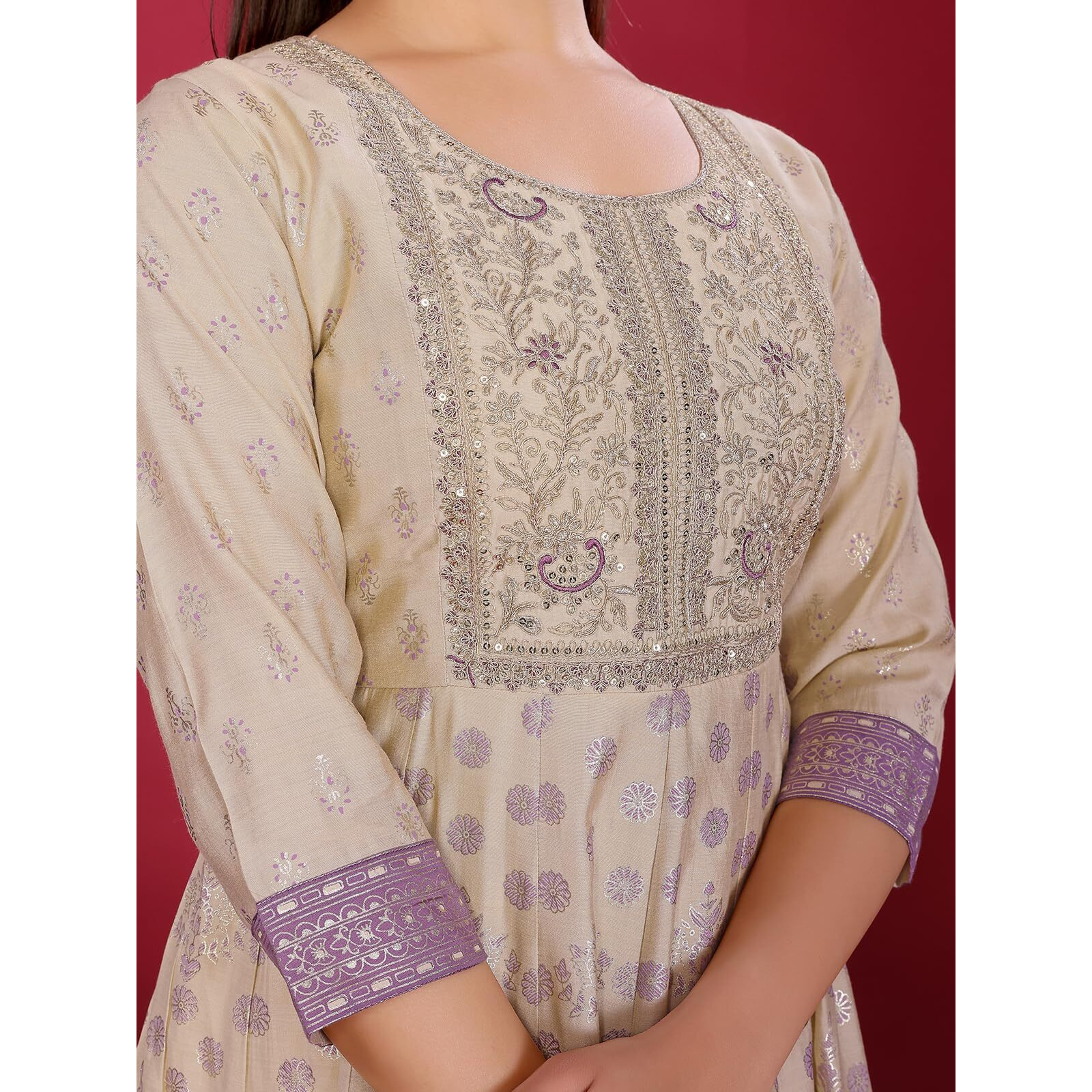 Rangita Beige Viscose Poly Embroidered Anarkali Calf Length Kurta With Pant And Dupatta | Kurta Set For Women_M