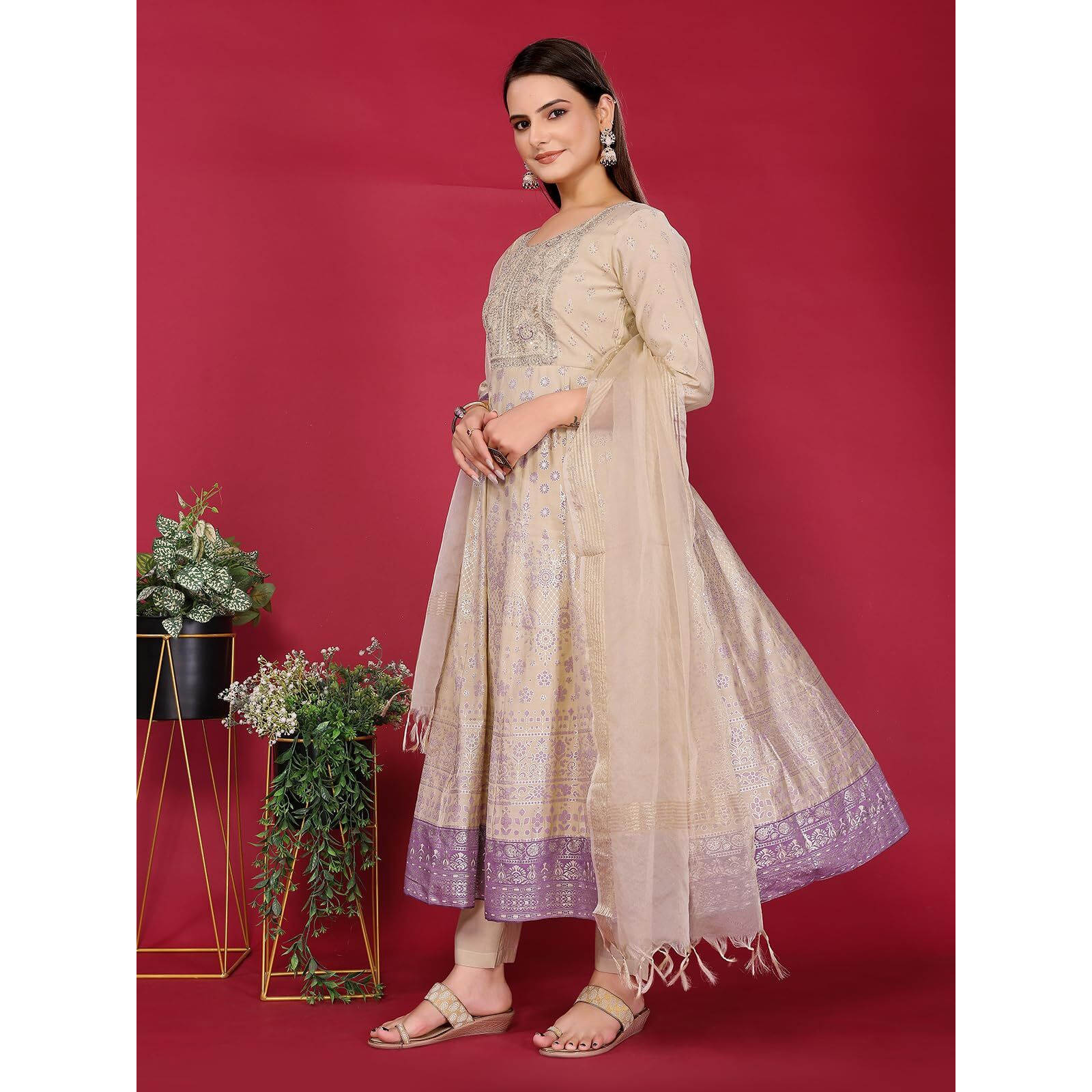 Rangita Beige Viscose Poly Embroidered Anarkali Calf Length Kurta With Pant And Dupatta | Kurta Set For Women_M
