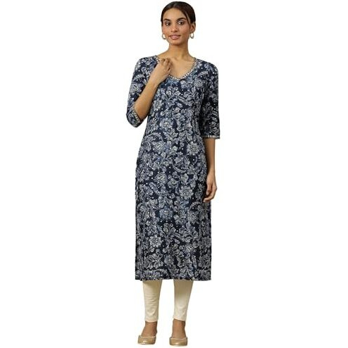 Aurelia Womens Floral Printed Straight Kurta | V-Neck Kurta For Women | Printed Kurta For Women | Beautiful Regular Fit Kurta For Women Blue