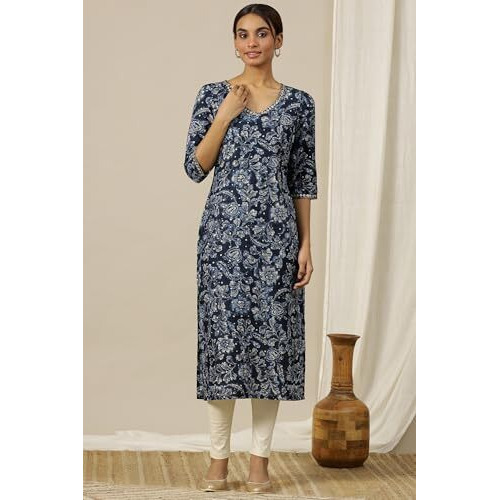 Aurelia Womens Floral Printed Straight Kurta | V-Neck Kurta For Women | Printed Kurta For Women | Beautiful Regular Fit Kurta For Women Blue
