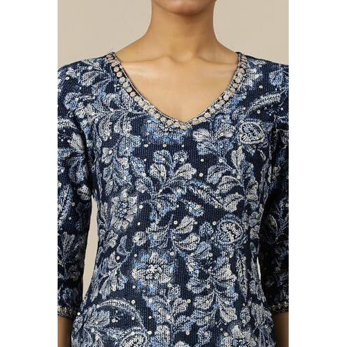 Aurelia Womens Floral Printed Straight Kurta | V-Neck Kurta For Women | Printed Kurta For Women | Beautiful Regular Fit Kurta For Women Blue