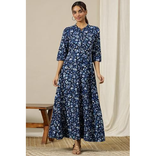 Ensign Blue Floral Printed Flared Pure Cotton Dress In Mandarin Collar (Size Xl)-24Aua15402-508548