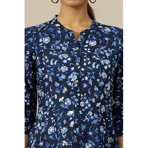 Ensign Blue Floral Printed Flared Pure Cotton Dress In Mandarin Collar (Size Xl)-24Aua15402-508548