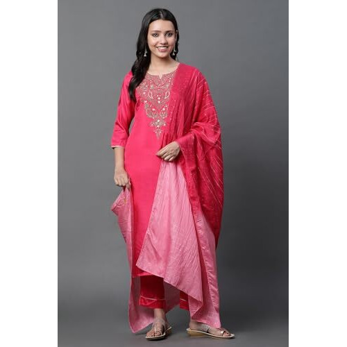 Aurelia Dark Pink Dori Embroidered Kurta, Trousers And Dupatta Set (Size S)-24Feas14663-704679