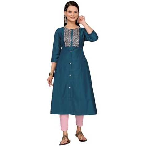 Rangita Teal Viscose Poly A-Line Embroidered Calf Length Kurti | Kurta For Women_S