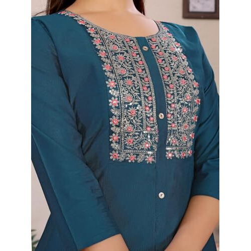 Rangita Teal Viscose Poly A-Line Embroidered Calf Length Kurti | Kurta For Women_S