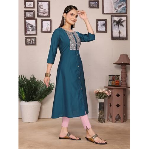 Rangita Teal Viscose Poly A-Line Embroidered Calf Length Kurti | Kurta For Women_S