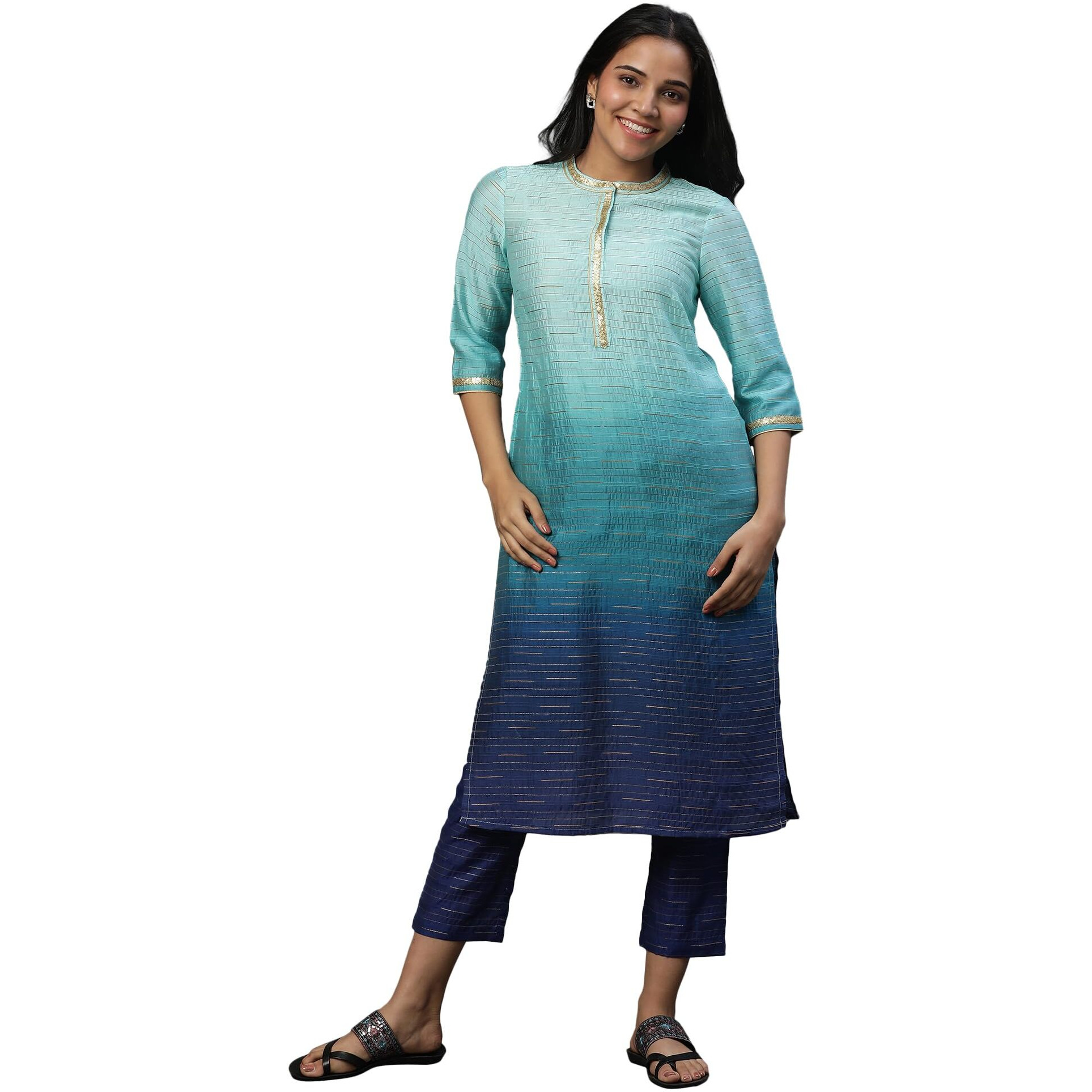 Aurelia Green Ombre Kurta And Trouser Set (Size S)-24Feas14570-507734