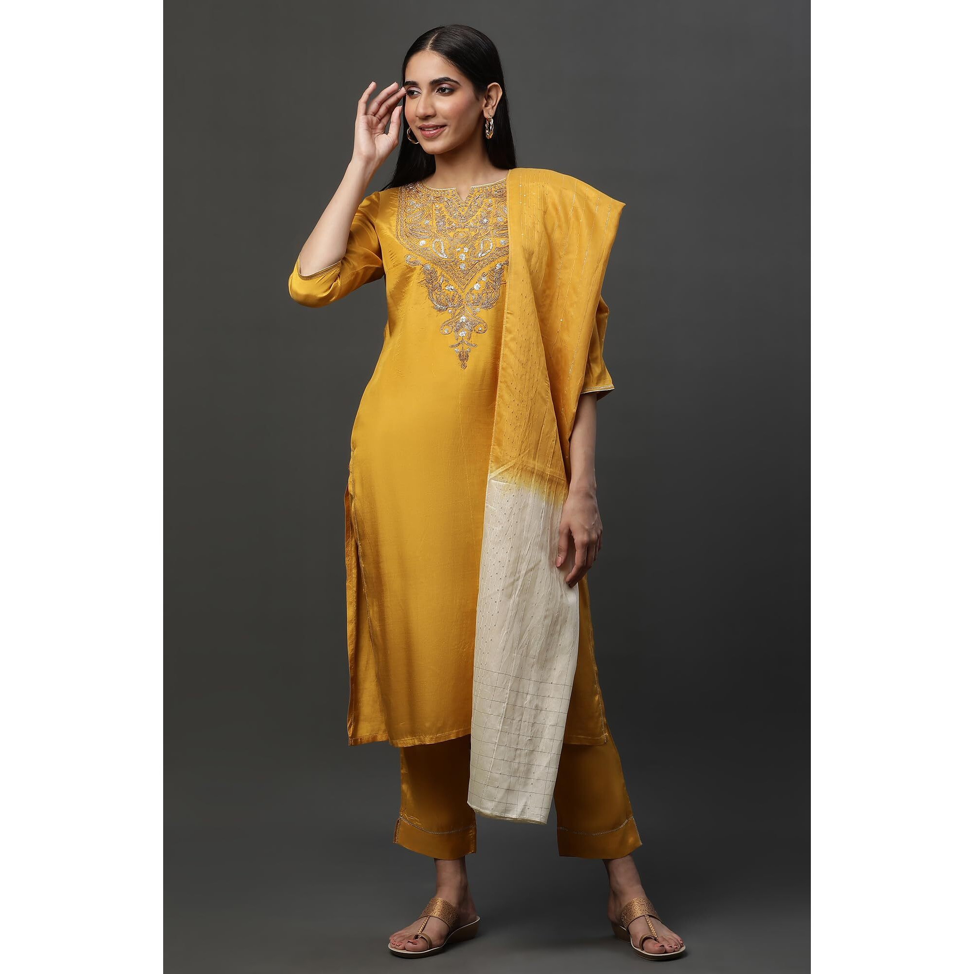 Aurelia Yellow Dori Embroidered Kurta, Trousers And Dupatta Set (Size 2Xl)-24Feas14663-704680