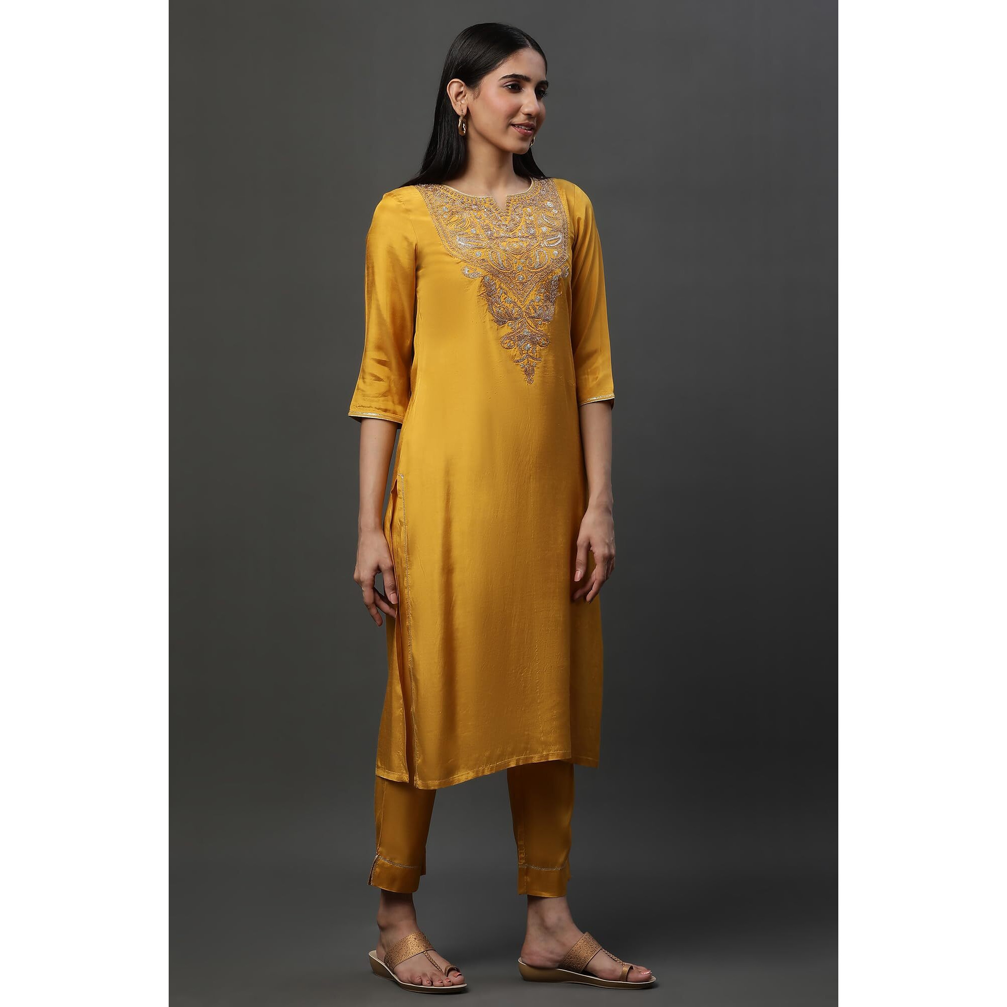 Aurelia Yellow Dori Embroidered Kurta, Trousers And Dupatta Set (Size 2Xl)-24Feas14663-704680