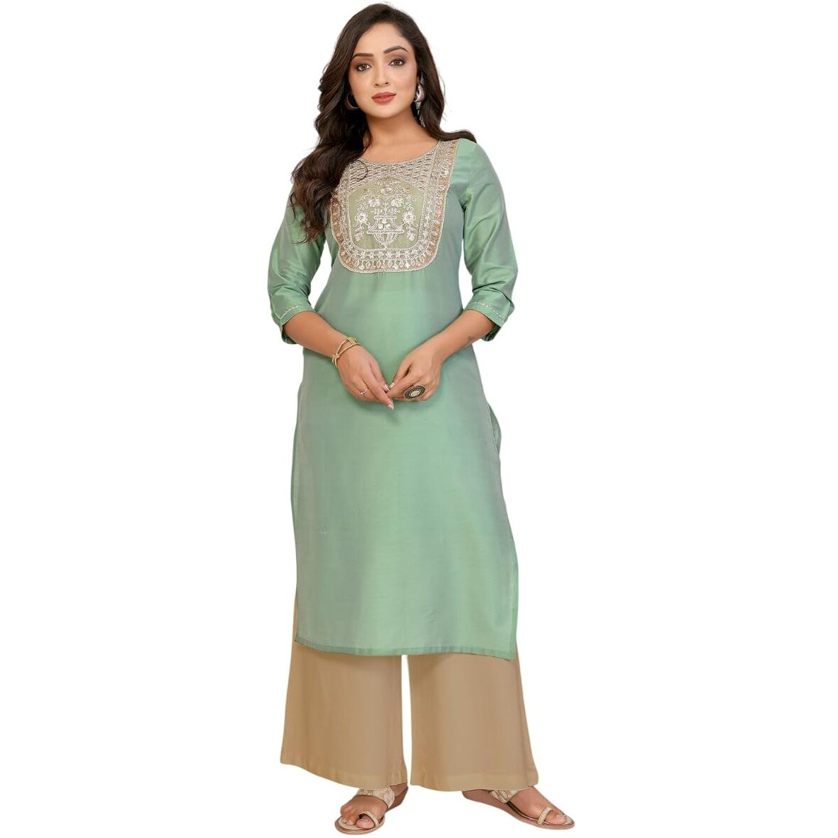 Rangita Green Viscose Blend Straight Embroidered Calf Length Kurti | Kurta For Women_M