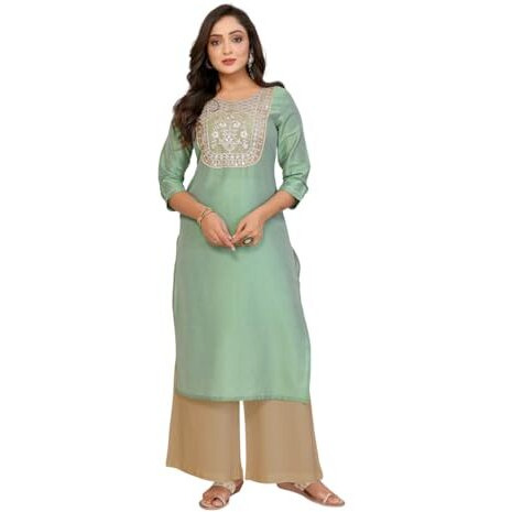 Rangita Green Viscose Blend Straight Embroidered Calf Length Kurti | Kurta For Women_L