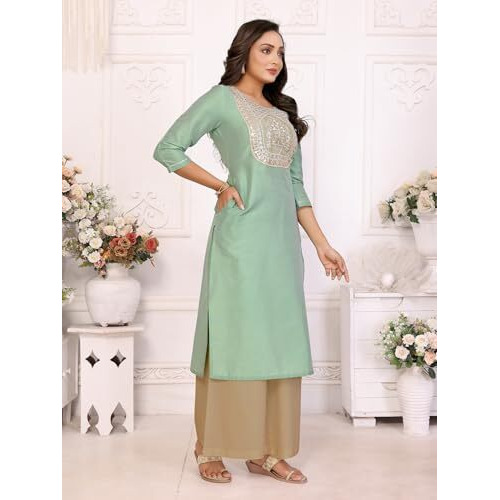 Rangita Green Viscose Blend Straight Embroidered Calf Length Kurti | Kurta For Women_L