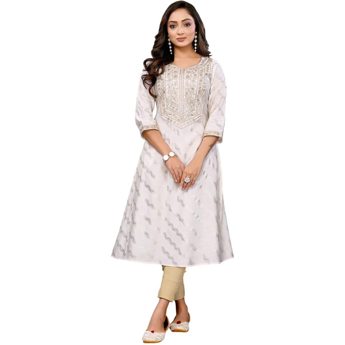 Rangita Off White Viscose Blend A-Line Embroidered Calf Length Kurti | Kurta For Women_L