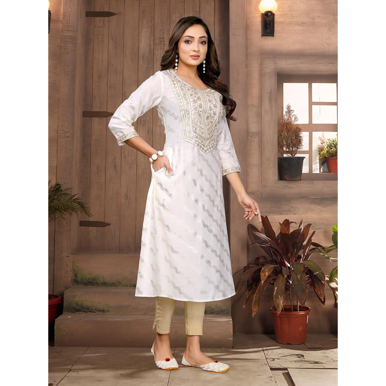 Rangita Off White Viscose Blend A-Line Embroidered Calf Length Kurti | Kurta For Women_L