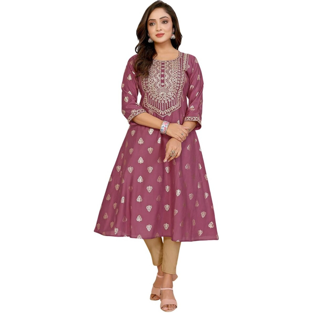 Rangita Mauve Viscose Blend A-Line Embroidered Calf Length Kurti | Kurta For Women_S