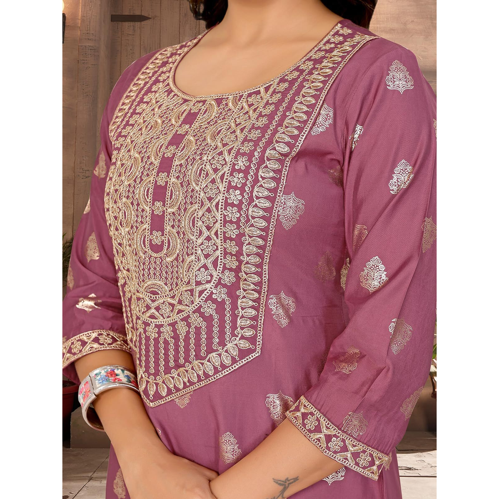 Rangita Mauve Viscose Blend A-Line Embroidered Calf Length Kurti | Kurta For Women_S